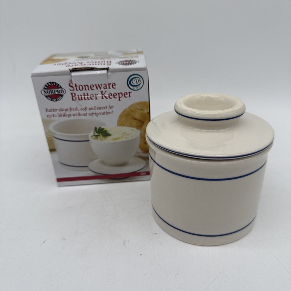 Norpro Stoneware Butter Keeper Blue & White With Original Box